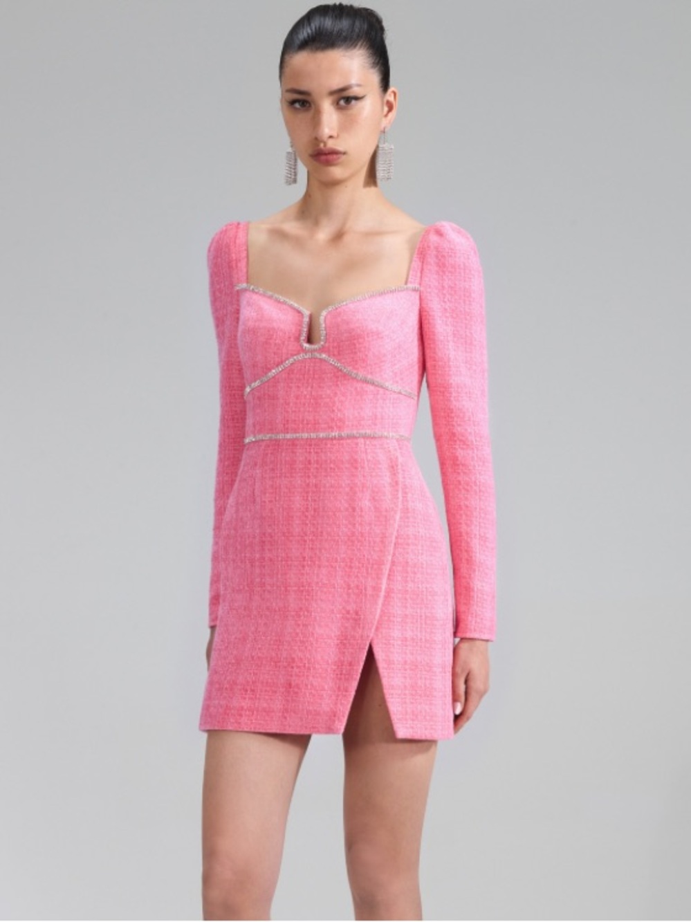 Self-Portrait Pink Tweed Boucle Diamanté Long-Sleeve Mini Dress with Front Slit